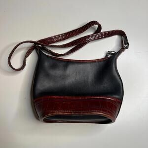 Brighton Shoulder Bag Black Brown Leather Croc Trim Braided Strap Handbag Purse